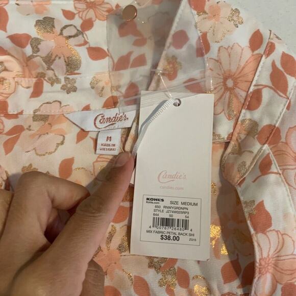 Candies Blouse Womens M Medium Floral Tab Sleeve Button Mixed Fabric Petal Back - Picture 7 of 11